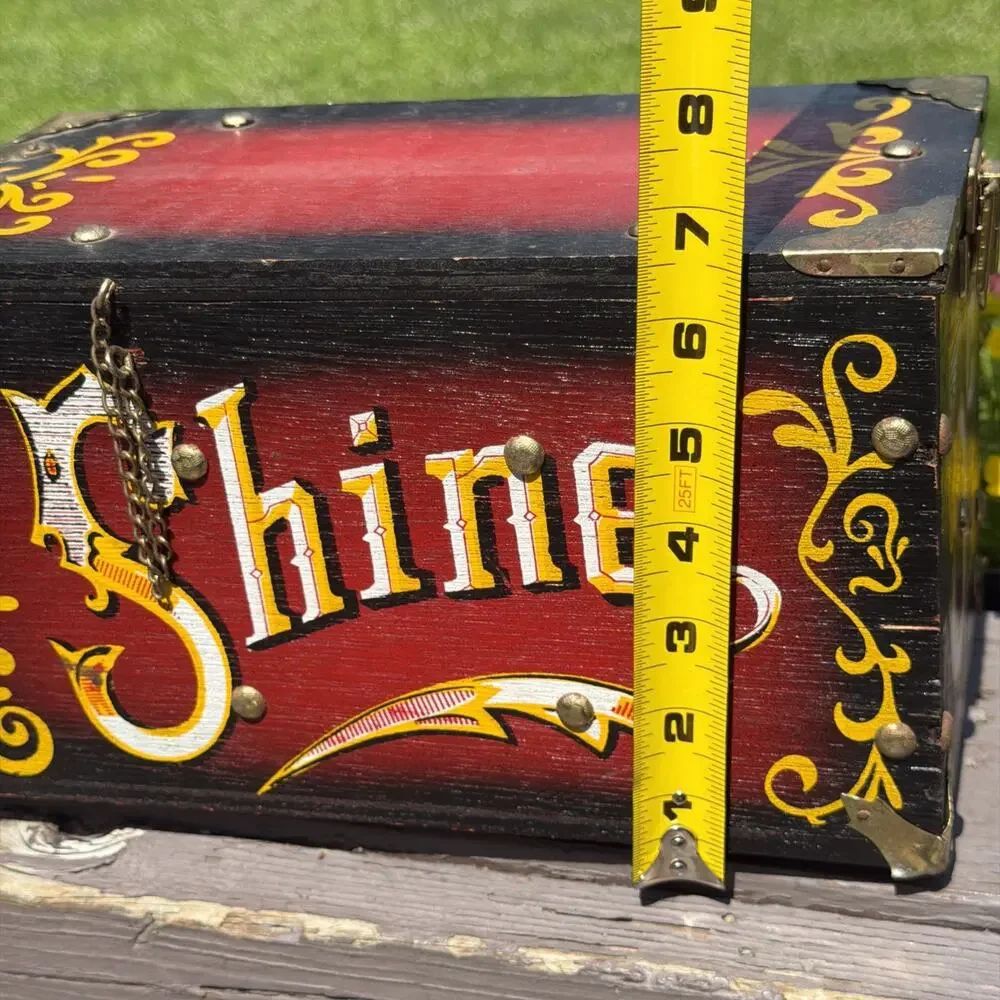Vintage Wood Brass Shoeshine Box 5 Cent Shine w/ Brush Barber Shop Americana